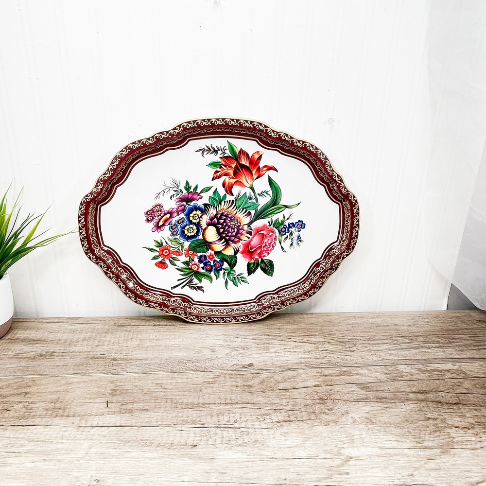 Baret Ware England Vintage Floral Tin Serving Tray Burgundy Gold Scalloped